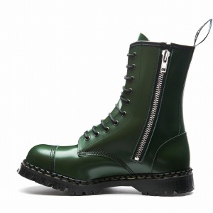 Men Solovair Hi-Shine 10 Eye Steel Toe Capped Zip Derby Boots Green | GF10-1980-GN-ZIP-035