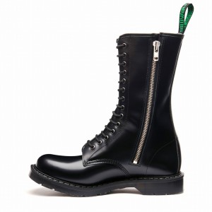 Men Solovair Hi-Shine 14 Eye Zip Derby Boots Black | S14-14-BK-ZIP-G-030