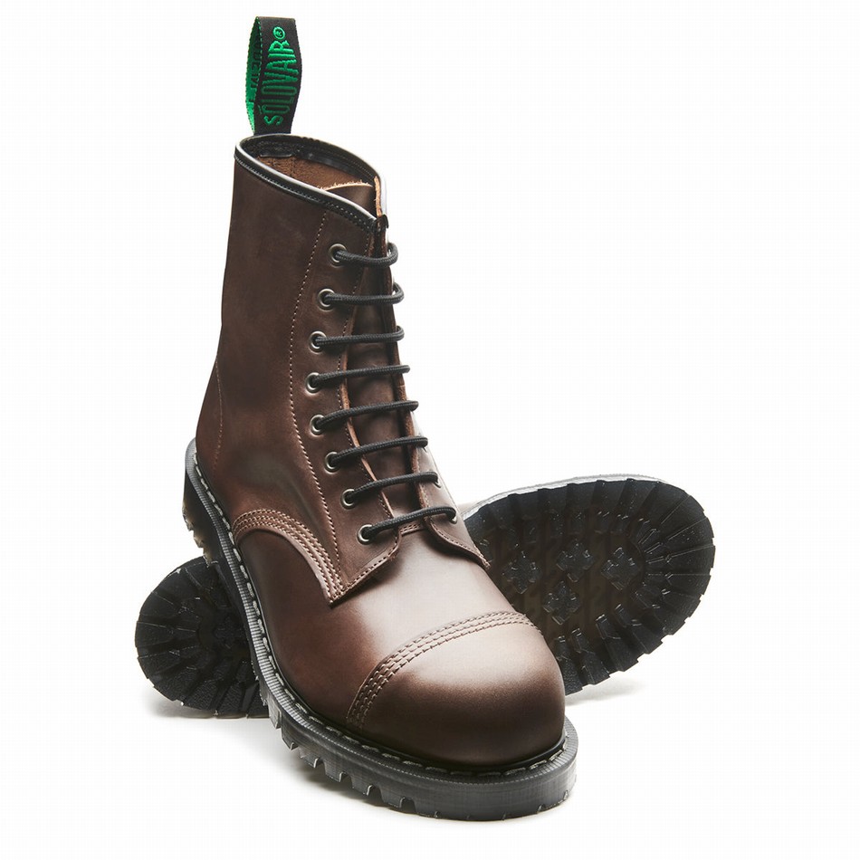 Men Solovair Gaucho Crazy Horse 8 Eye Steel Toe Derby Boots Brown | SC8-1550-CH-G-060