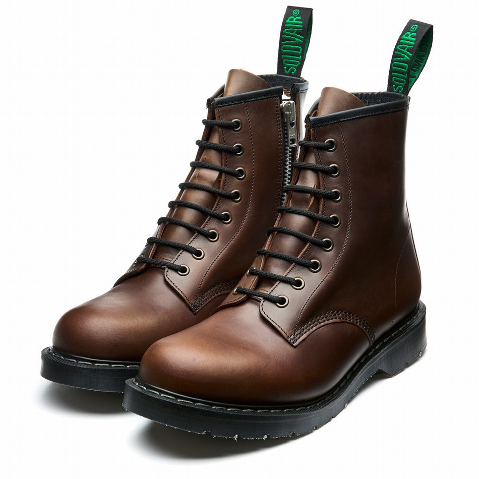 Men Solovair Gaucho Crazy Horse 8 Eye Zip Derby Boots Brown | S8-551-CH-ZIP-G-030