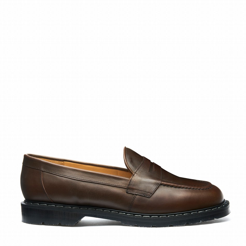 Men Solovair Gaucho Crazy Horse Penny Loafers Brown | S0-970-CH-G-030
