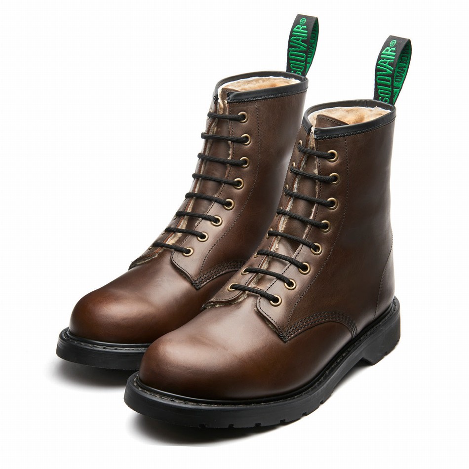 Men Solovair Gaucho Crazy Horse Shearling Lined 8 Eye Derby Boots Brown | LS8-551-CH-SHE-B-055