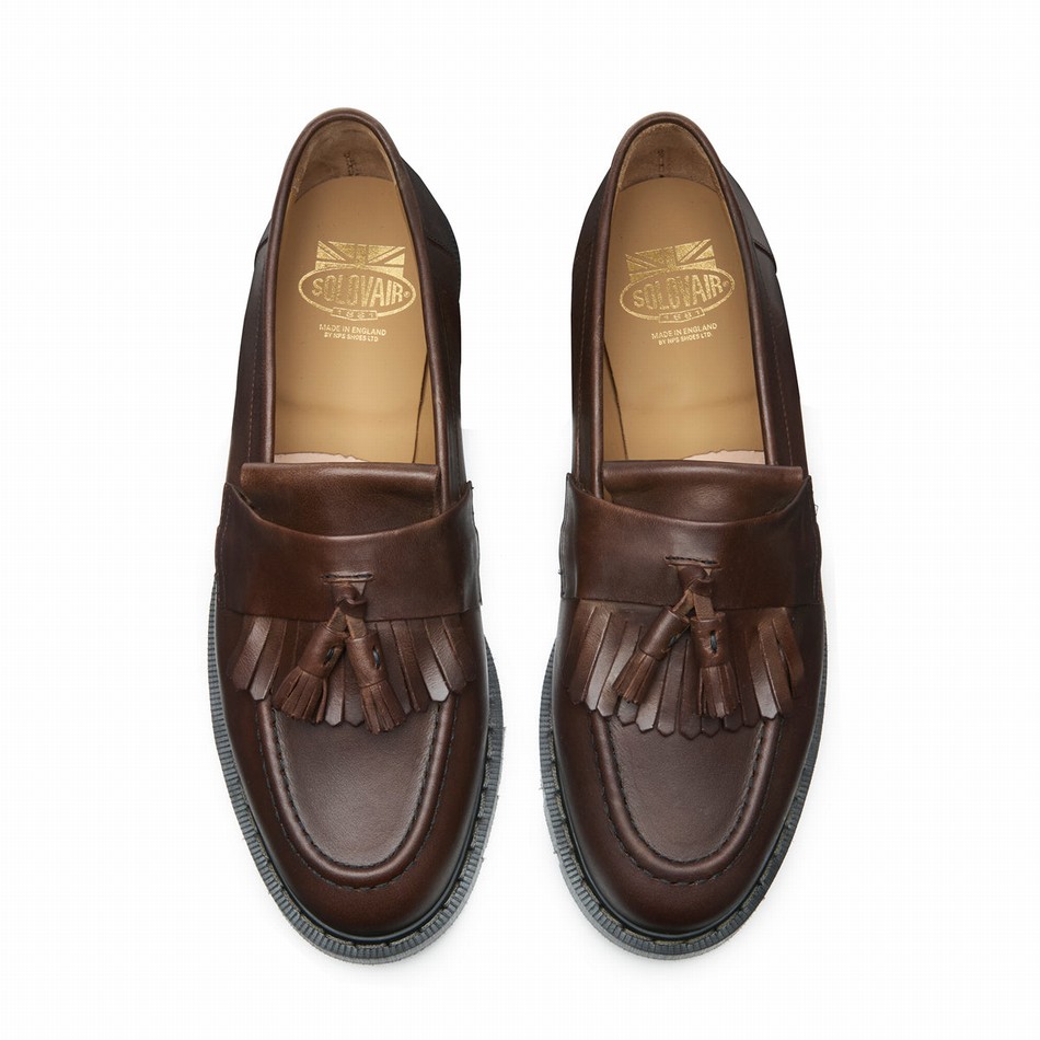 Men Solovair Gaucho Crazy Horse Tassel Loafers Brown | S0-1022-CH-G-030