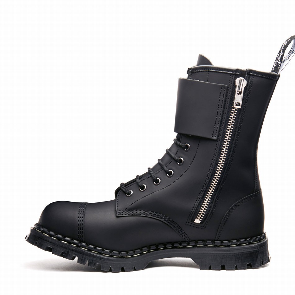 Men Solovair Greasy 10 Eye Steel Toe Capped Zip Twin Strap Derby Boots Black | GF10-1982-BG-ZIP-045