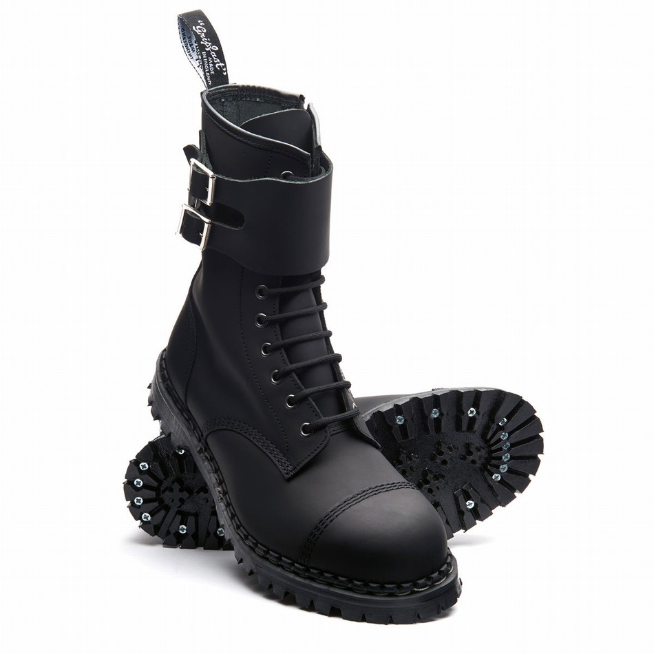 Men Solovair Greasy 10 Eye Steel Toe Capped Zip Twin Strap Derby Boots Black | GF10-1982-BG-ZIP-045