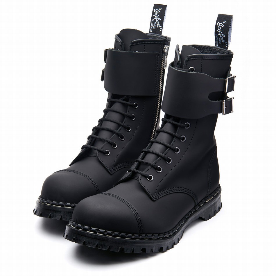 Men Solovair Greasy 10 Eye Steel Toe Capped Zip Twin Strap Derby Boots Black | GF10-1982-BG-ZIP-045