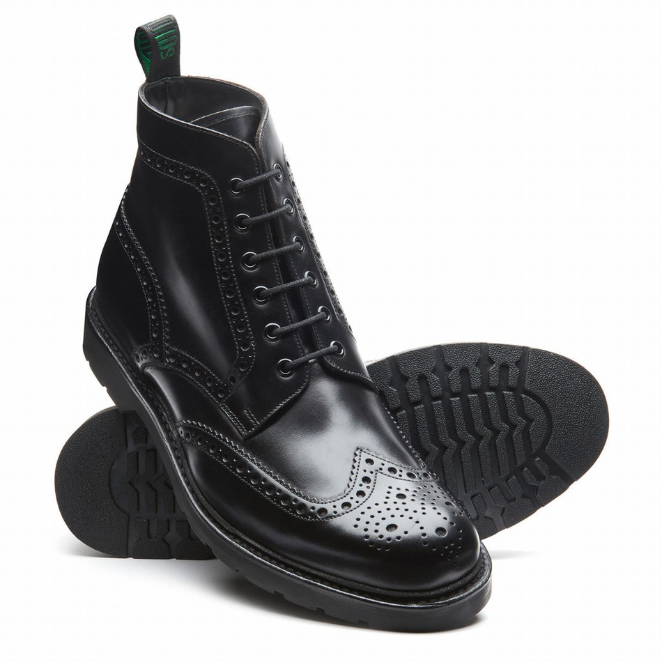 Men Solovair Greasy 6 Eye Derby Brogue Boots Black | LS6-019-BG-B-060