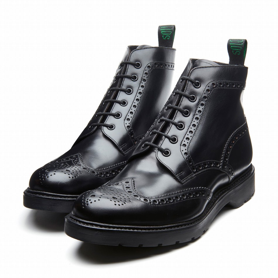 Men Solovair Greasy 6 Eye Derby Brogue Boots Black | LS6-019-BG-B-060
