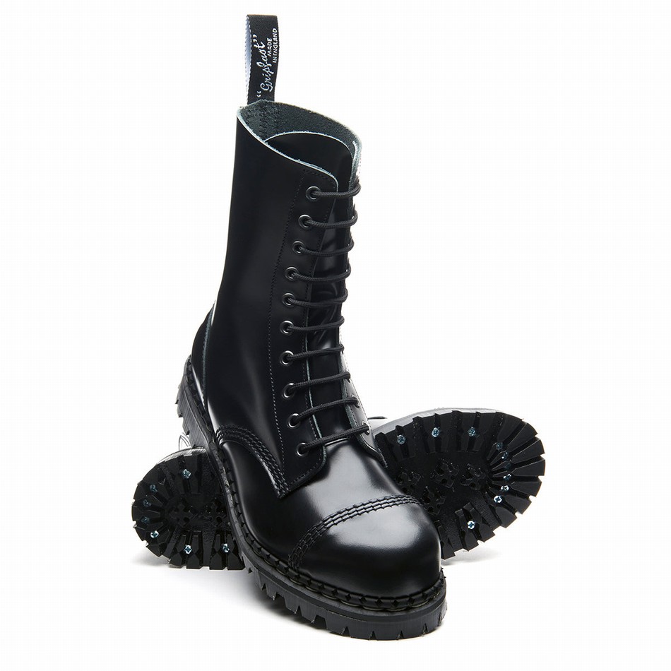 Men Solovair Hi-Shine 10 Eye Steel Toe Capped Derby Boots Black | GF10-1980-BK-030