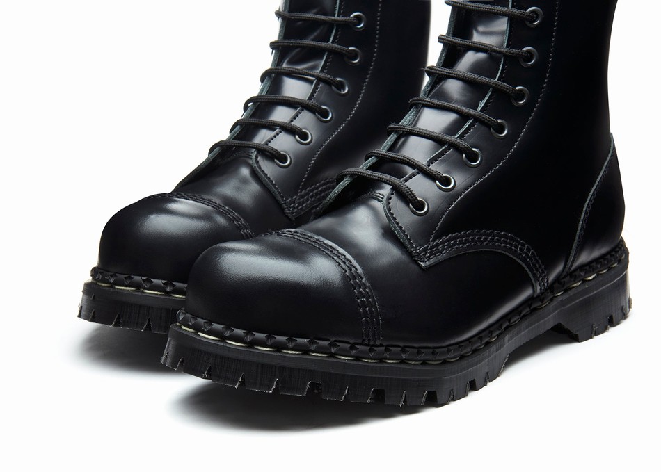 Men Solovair Hi-Shine 10 Eye Steel Toe Capped Derby Boots Black | GF10-1980-BK-030