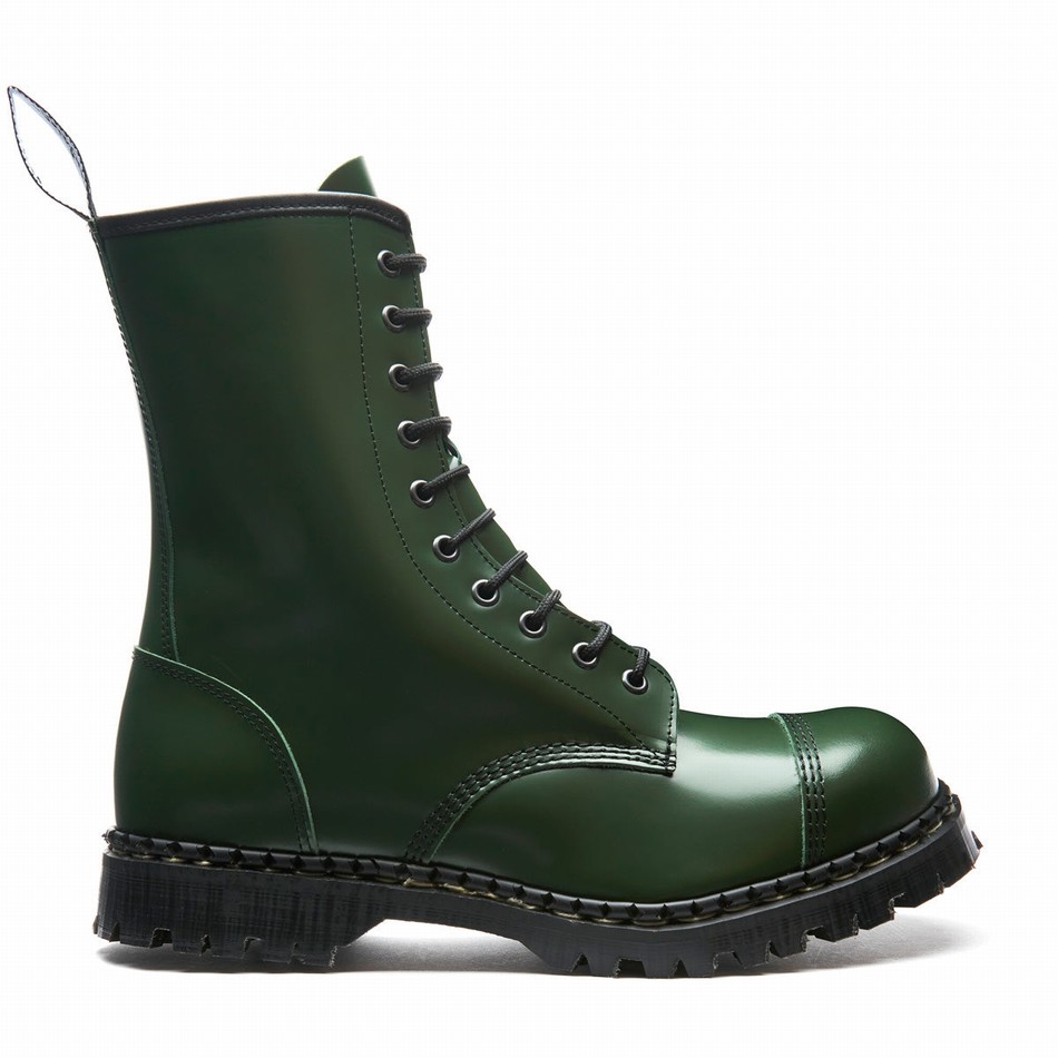 Men Solovair Hi-Shine 10 Eye Steel Toe Capped Zip Derby Boots Green | GF10-1980-GN-ZIP-035