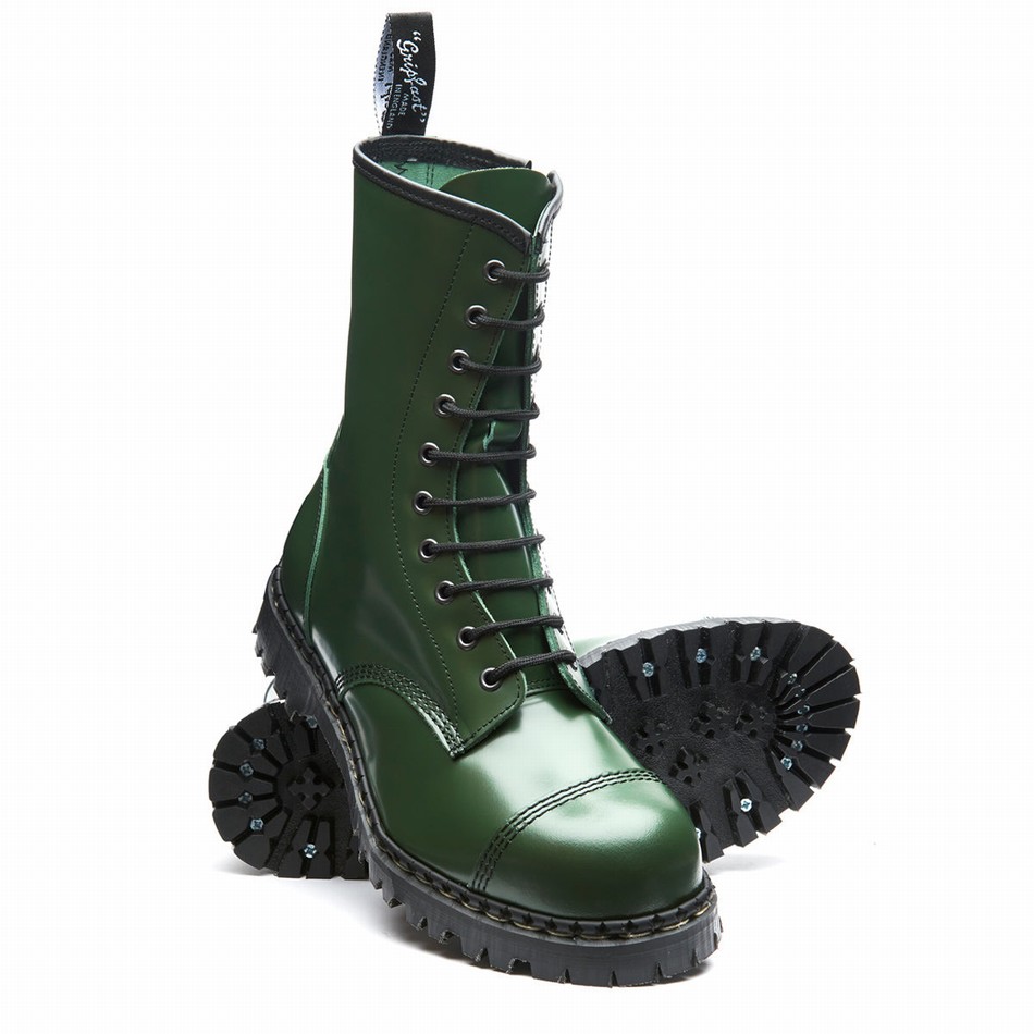 Men Solovair Hi-Shine 10 Eye Steel Toe Capped Zip Derby Boots Green | GF10-1980-GN-ZIP-035