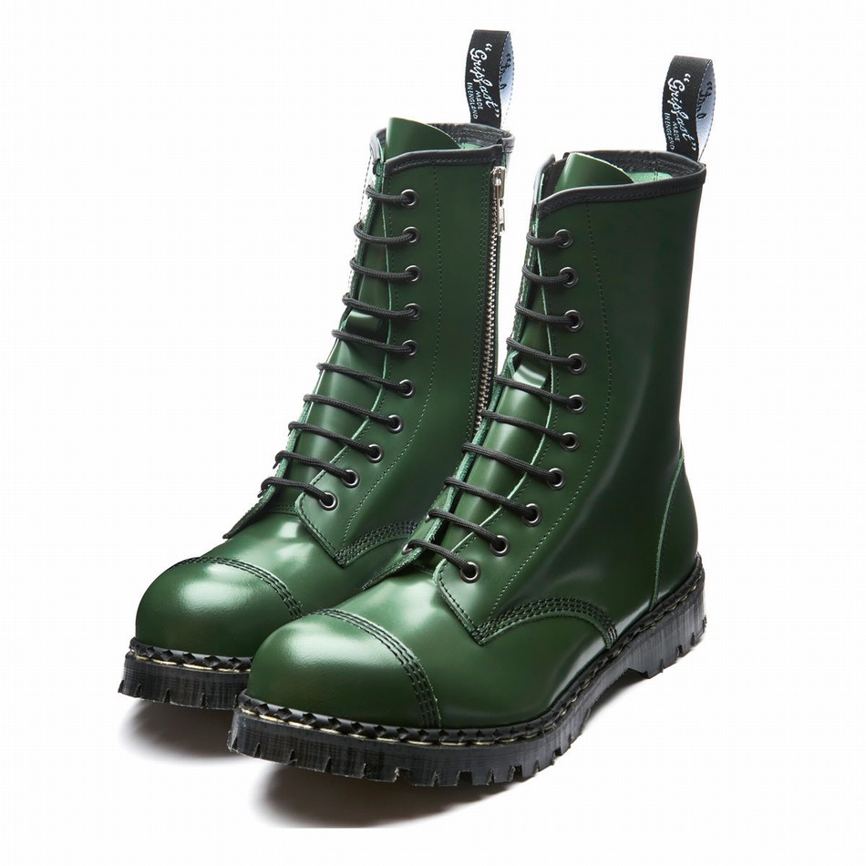 Men Solovair Hi-Shine 10 Eye Steel Toe Capped Zip Derby Boots Green | GF10-1980-GN-ZIP-035