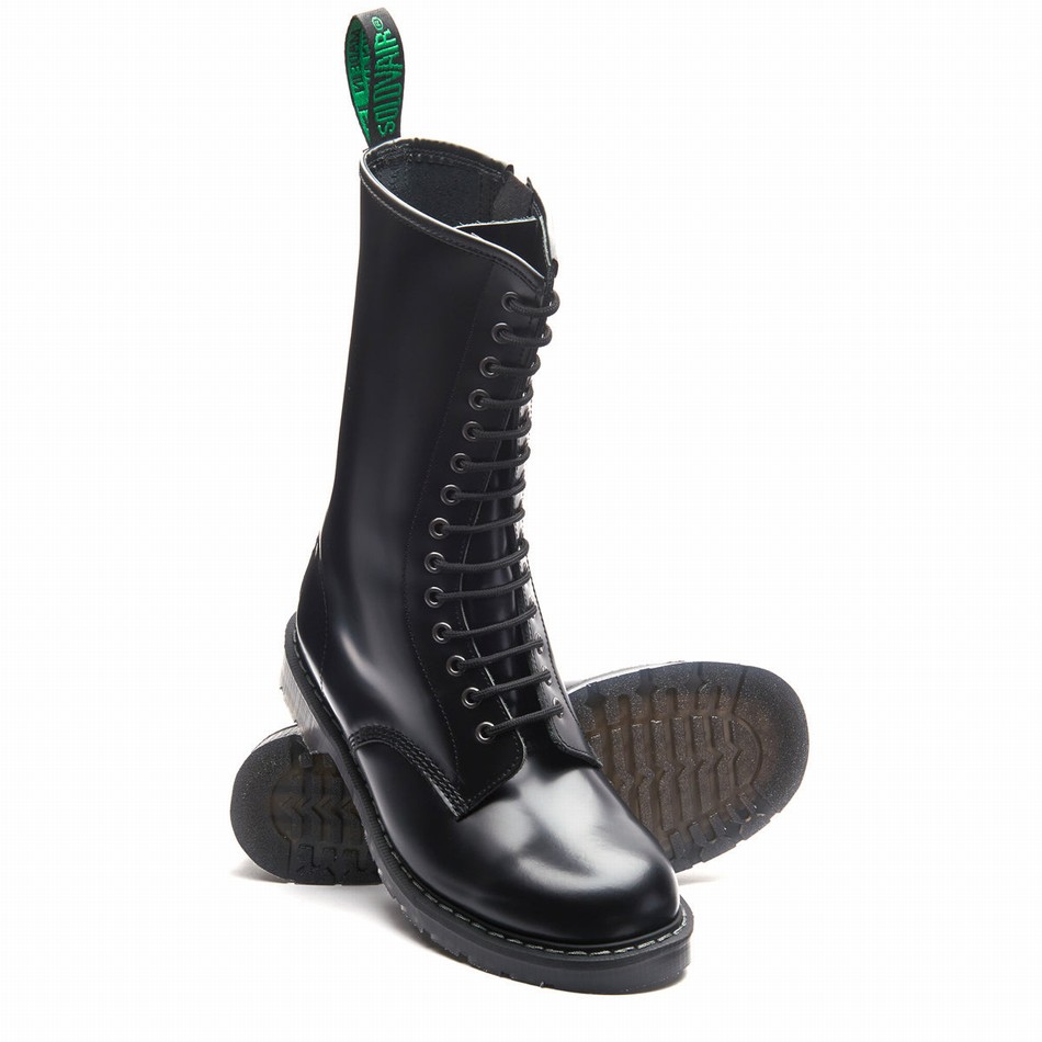 Men Solovair Hi-Shine 14 Eye Zip Derby Boots Black | S14-14-BK-ZIP-G-030