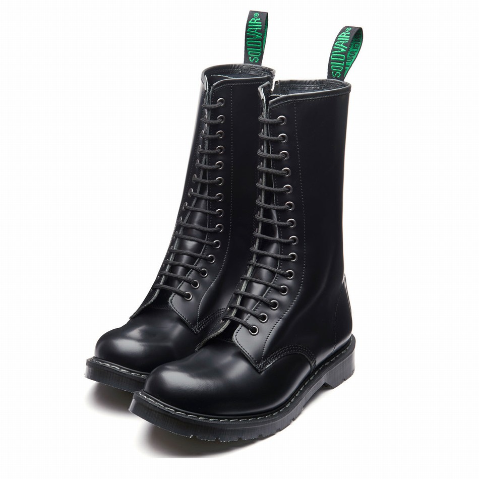 Men Solovair Hi-Shine 14 Eye Zip Derby Boots Black | S14-14-BK-ZIP-G-030