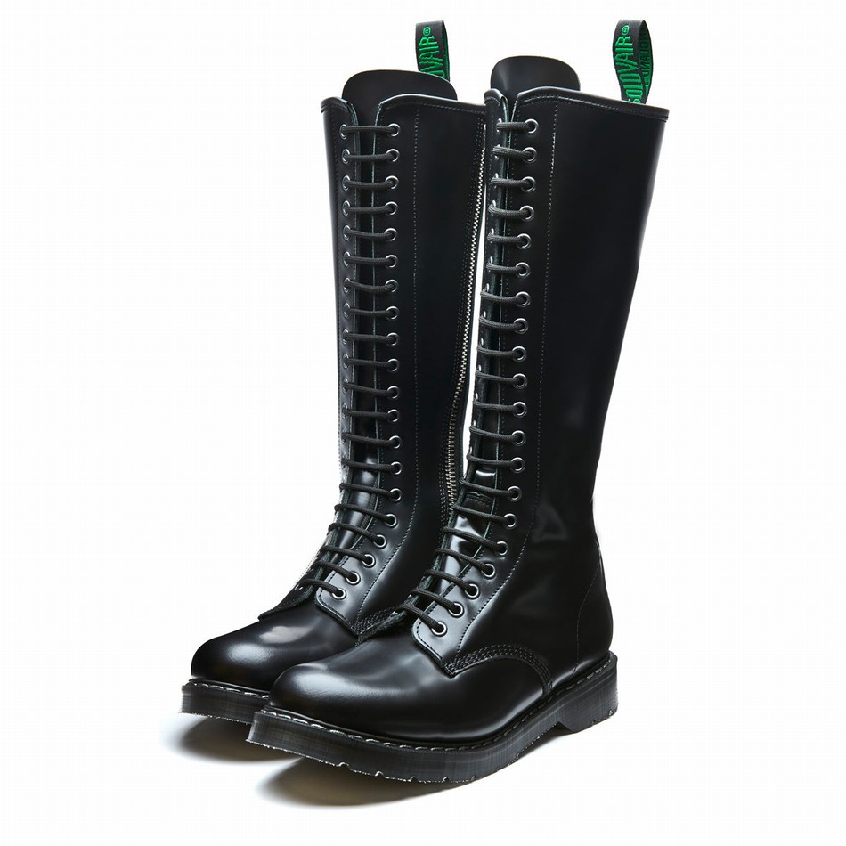 Men Solovair Hi-Shine 20 Eye Zip Derby Boots Black | S20-20-BK-ZIP-G-030