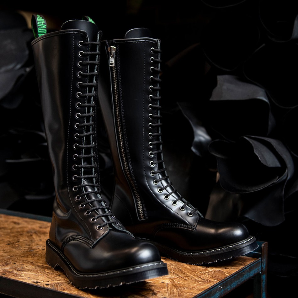 Men Solovair Hi-Shine 20 Eye Zip Derby Boots Black | S20-20-BK-ZIP-G-030