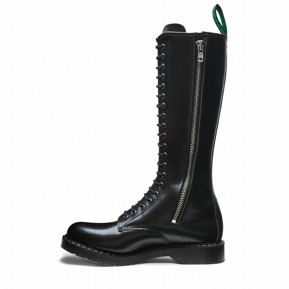 Men Solovair Hi-Shine 20 Eye Zip Derby Boots Black | S20-20-BK-ZIP-G-030