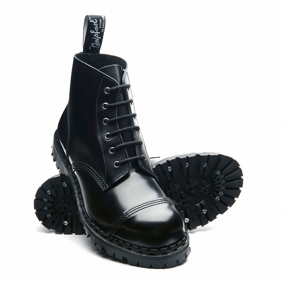 Men Solovair Hi-Shine 6 Eye Steel Toe Capped Derby Boots Black | GF6-1710-BK-030