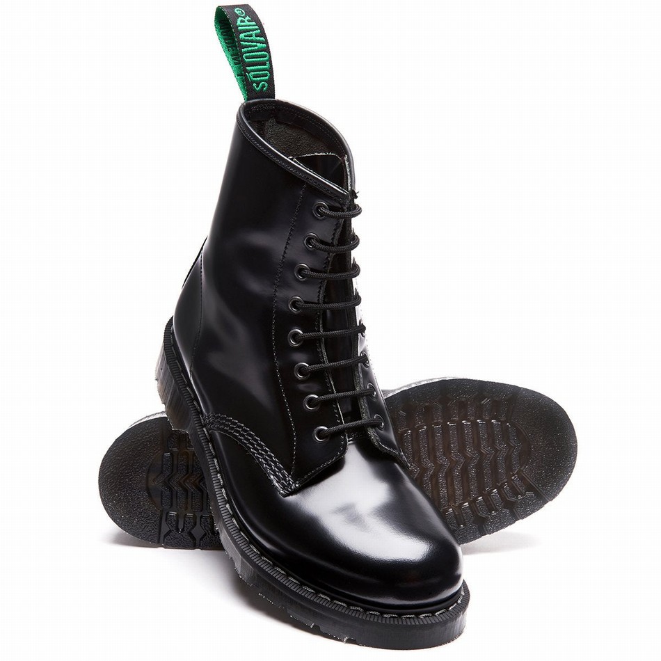 Men Solovair Hi-Shine 8 Eye Derby Boots Black | S8-551-BK-G-030