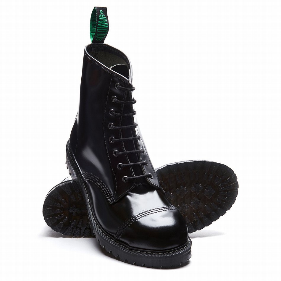 Men Solovair Hi-Shine 8 Eye Steel Toe Derby Boots Black | SC8-1550-BK-G-070