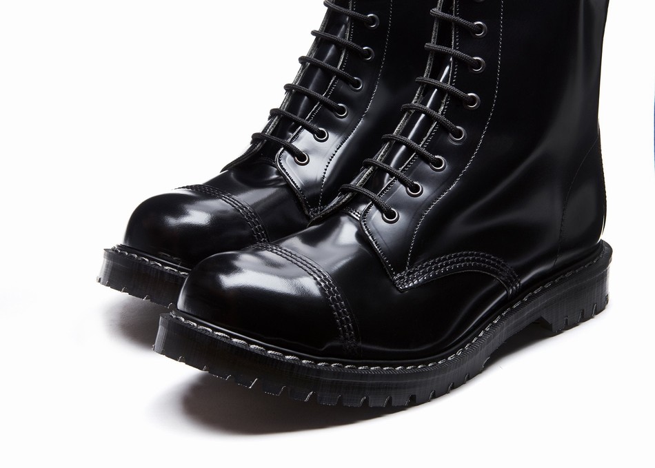 Men Solovair Hi-Shine 8 Eye Steel Toe Derby Boots Black | SC8-1550-BK-G-070