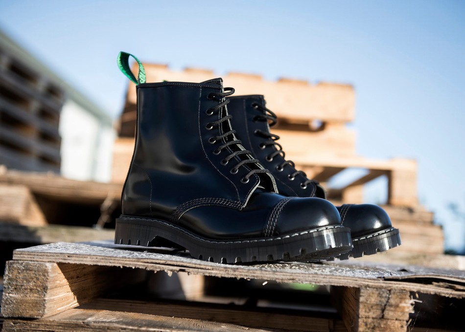 Men Solovair Hi-Shine 8 Eye Steel Toe Derby Boots Black | SC8-1550-BK-G-070