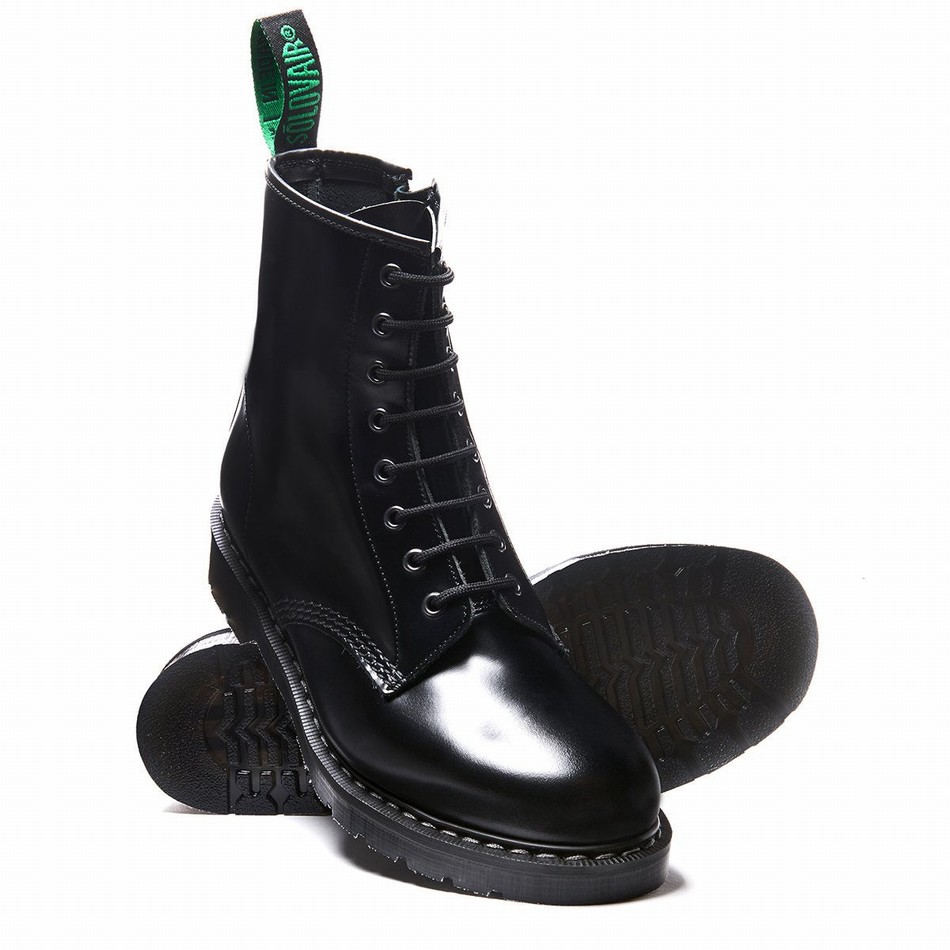 Men Solovair Hi-Shine 8 Eye Zip Derby Boots Black | S8-551-BK-ZIP-G-040