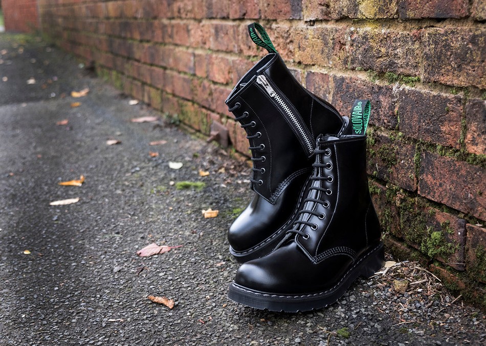 Men Solovair Hi-Shine 8 Eye Zip Derby Boots Black | S8-551-BK-ZIP-G-040