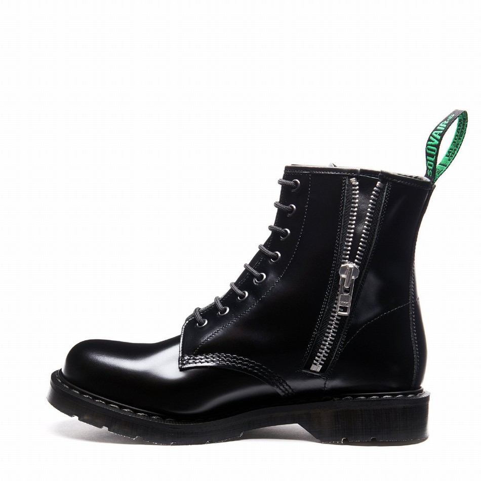 Men Solovair Hi-Shine 8 Eye Zip Derby Boots Black | S8-551-BK-ZIP-G-040