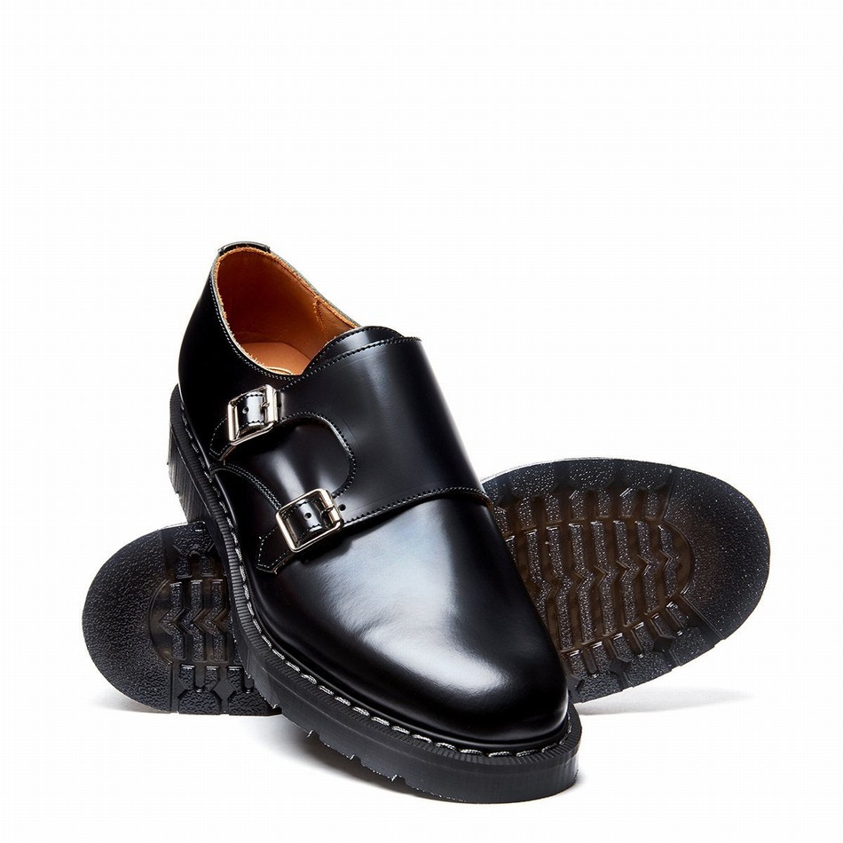 Men Solovair Hi-Shine Double Buckle Monk Shoes Black | S0-157-BK-G-030