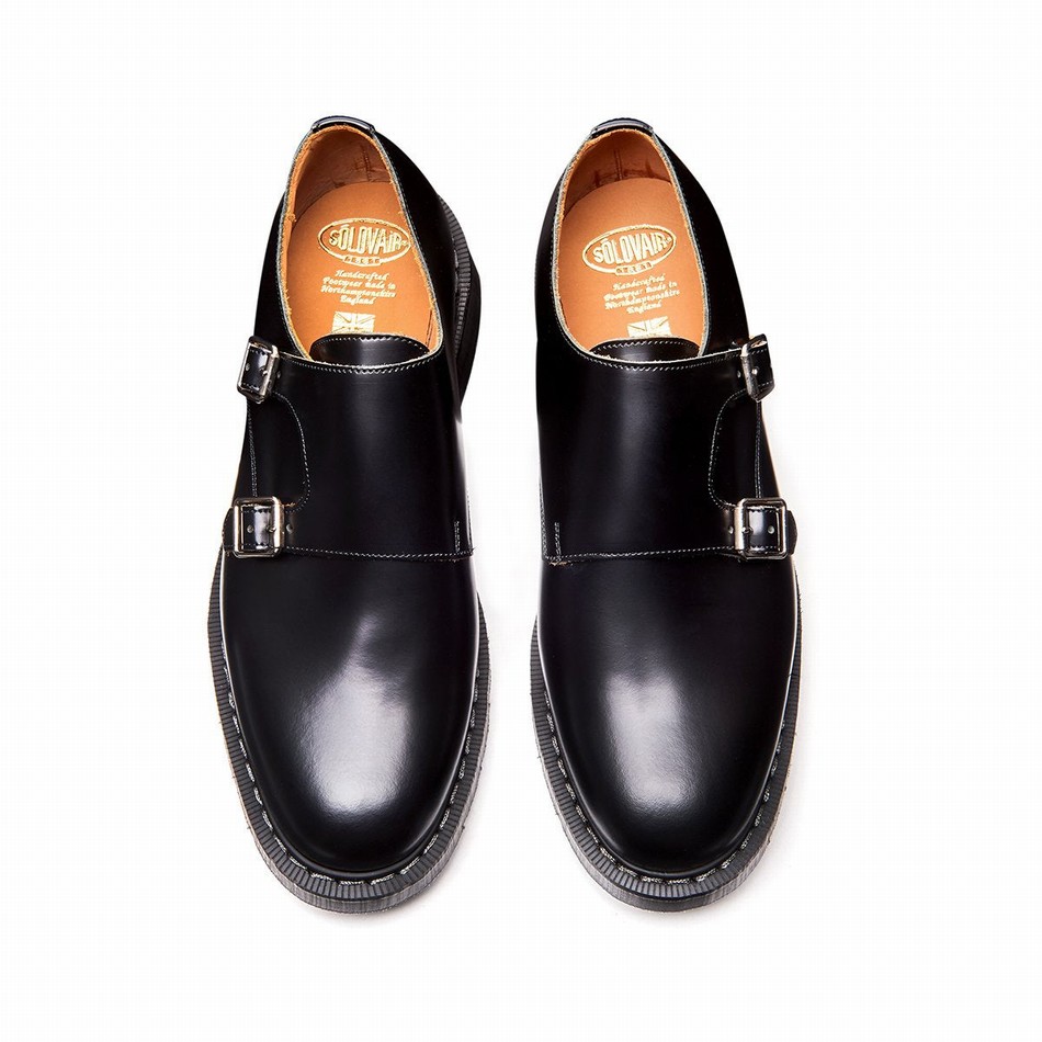 Men Solovair Hi-Shine Double Buckle Monk Shoes Black | S0-157-BK-G-030