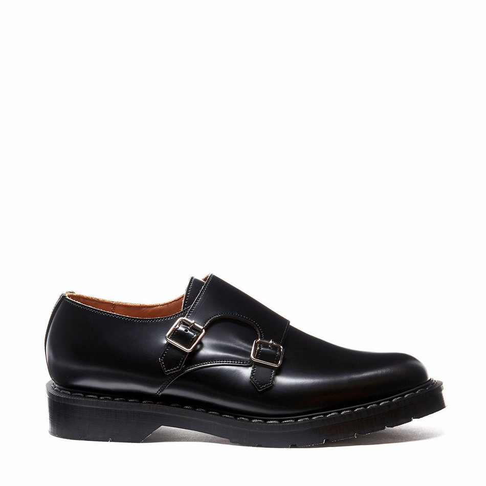 Men Solovair Hi-Shine Double Buckle Monk Shoes Black | S0-157-BK-G-030