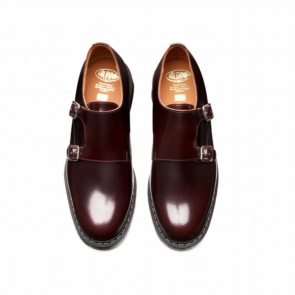 Men Solovair Rub-Off Double Buckle Monk Shoes Burgundy | S0-157-BUR-G-030