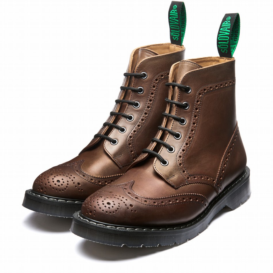Women Solovair Gaucho Crazy Horse 6 Eye Brogue Boots Brown | S6-019-CH-G-030