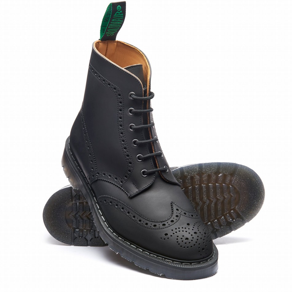 Women Solovair Greasy 6 Eye Brogue Boots Black | S6-019-BG-G-030