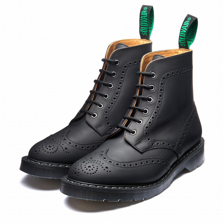 Women Solovair Greasy 6 Eye Brogue Boots Black | S6-019-BG-G-030
