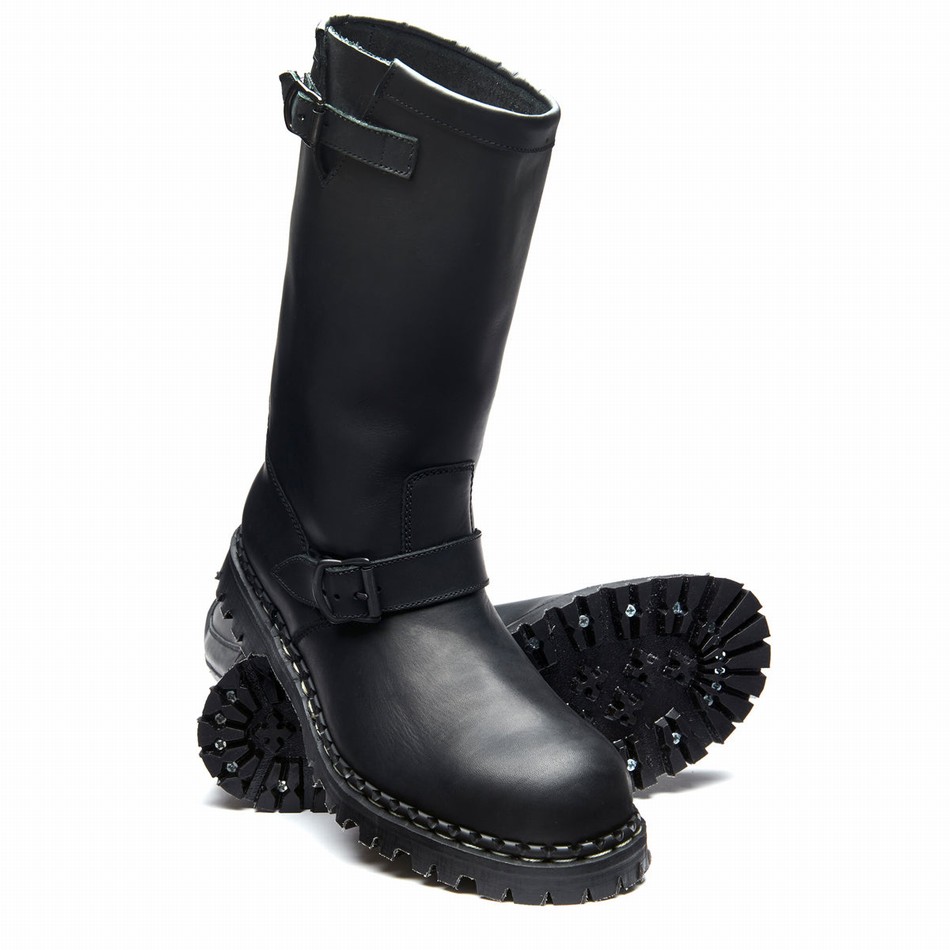 Women Solovair Greasy Steel Toe Capped Biker Boots Black | GF0-11000-BG-035