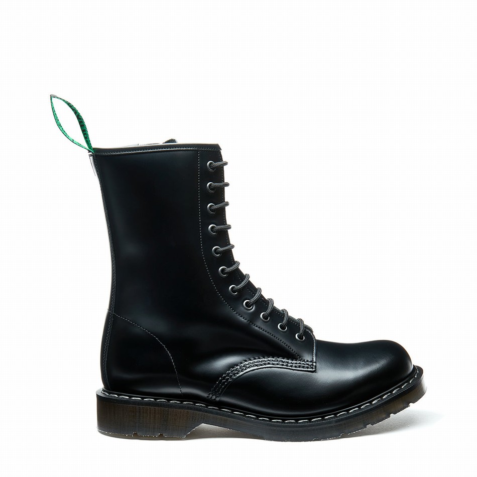 Women Solovair Hi-Shine 11 Eye Zip Derby Boots Black | S11-981-BK-ZIP-G-030