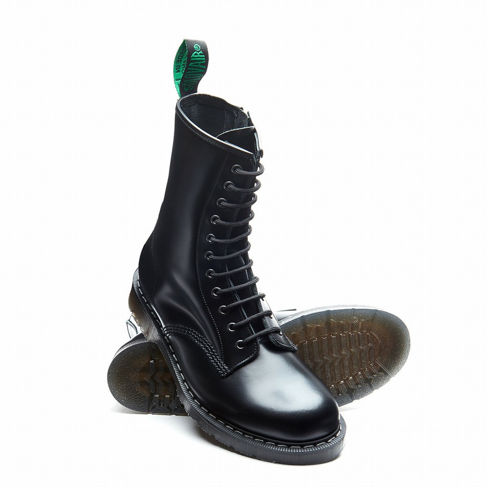 Women Solovair Hi-Shine 11 Eye Zip Derby Boots Black | S11-981-BK-ZIP-G-030