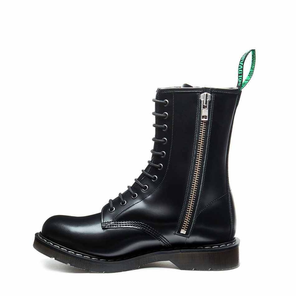 Women Solovair Hi-Shine 11 Eye Zip Derby Boots Black | S11-981-BK-ZIP-G-030