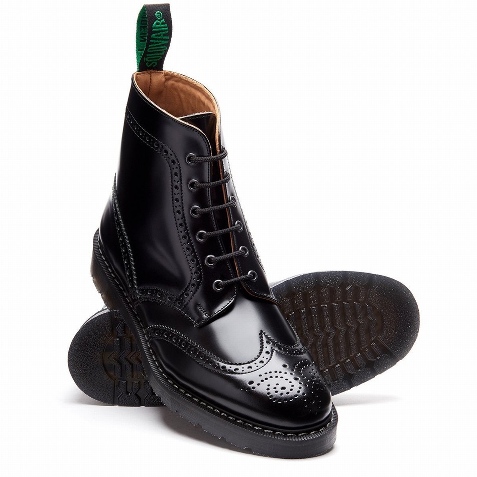 Women Solovair Hi-Shine 6 Eye Brogue Boots Black | S6-019-BK-G-030
