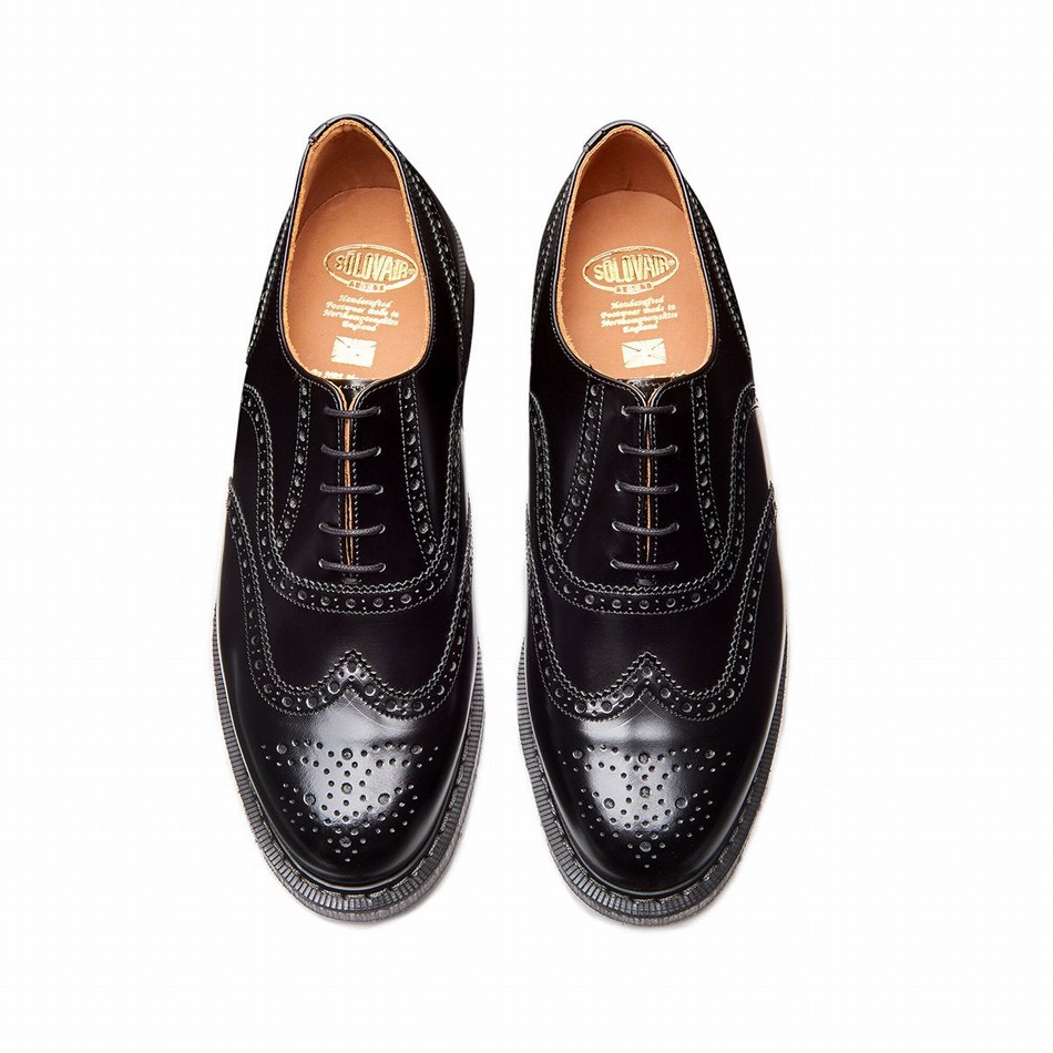 Women Solovair Hi-Shine English Brogue Shoes Black | S5-811-BK-G-030