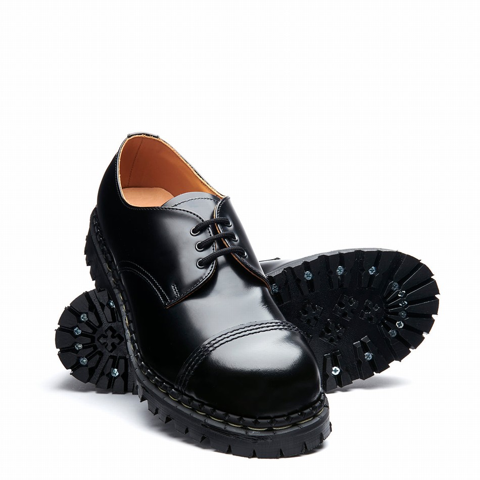 Women Solovair Hi-Shine Steel Toe Capped Gibson Shoes Black | GF3-1370-BK-030
