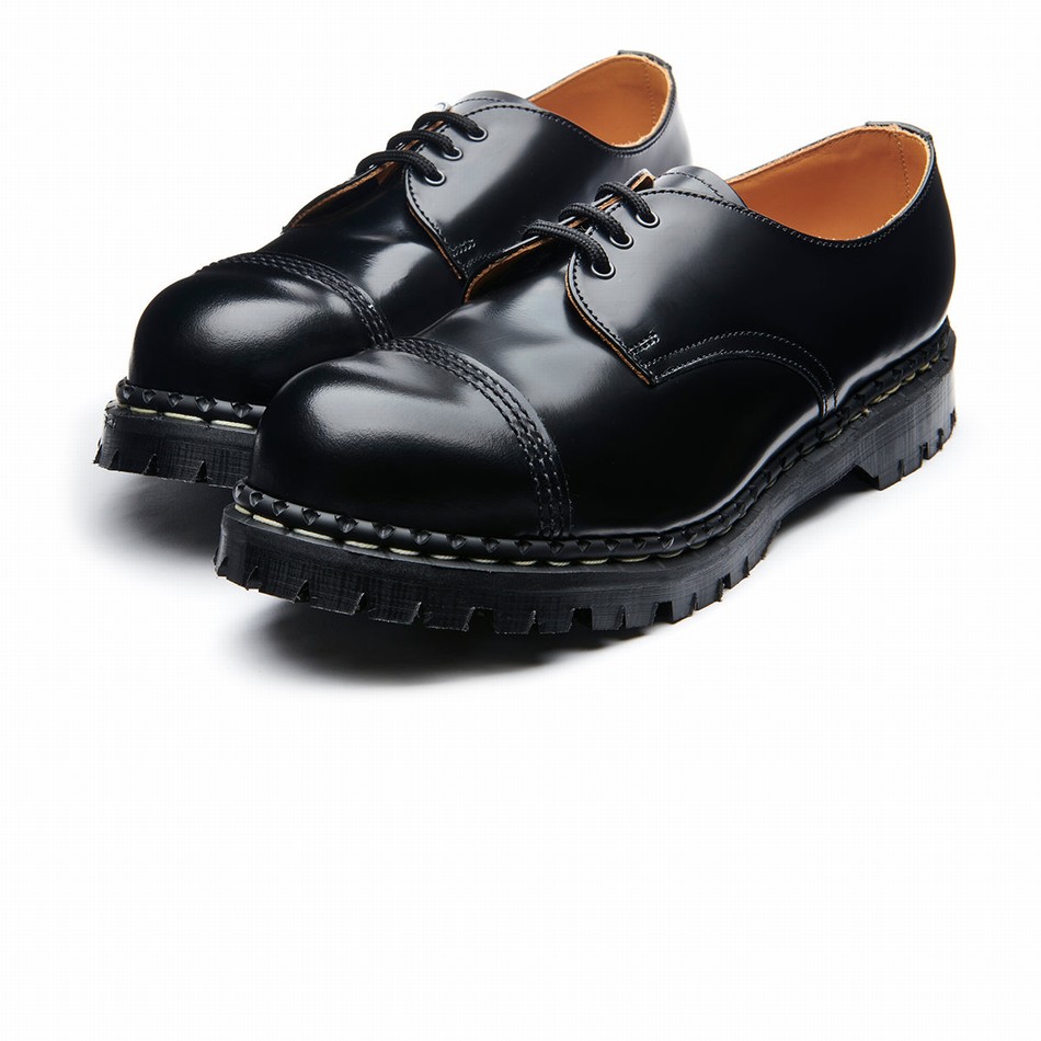 Women Solovair Hi-Shine Steel Toe Capped Gibson Shoes Black | GF3-1370-BK-030