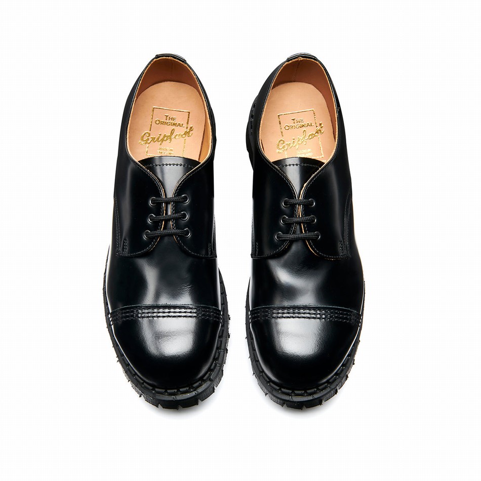 Women Solovair Hi-Shine Steel Toe Capped Gibson Shoes Black | GF3-1370-BK-030
