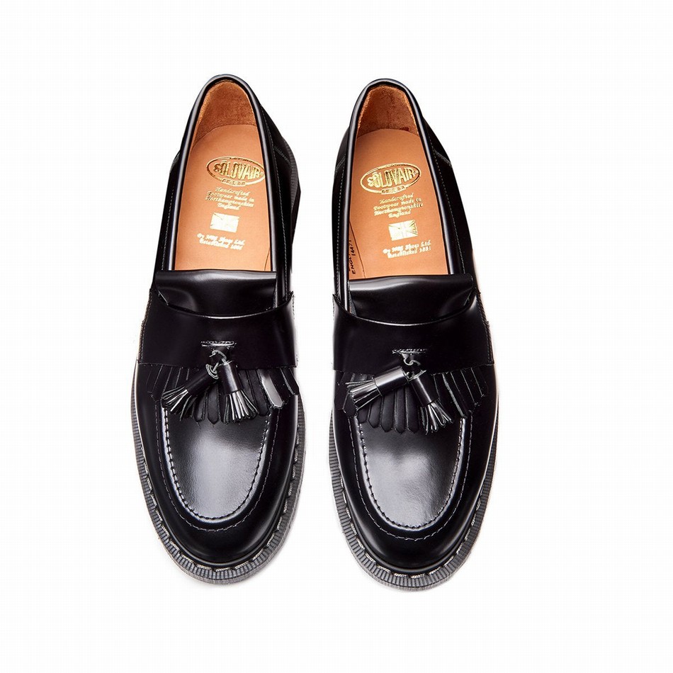 Women Solovair Hi-Shine Tassel Loafers Black | S0-1022-BK-G-030