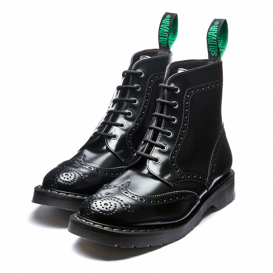 Women Solovair Hi-Shine Vegan 6 Eye Derby Brogue Boots Black | VS6-019-BK-VEG-G-030