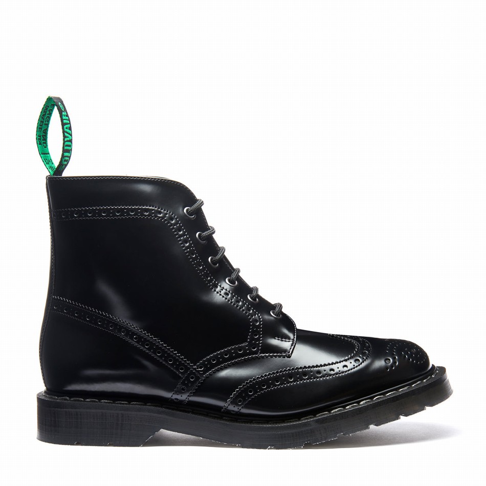 Women Solovair Hi-Shine Vegan 6 Eye Derby Brogue Boots Black | VS6-019-BK-VEG-G-030