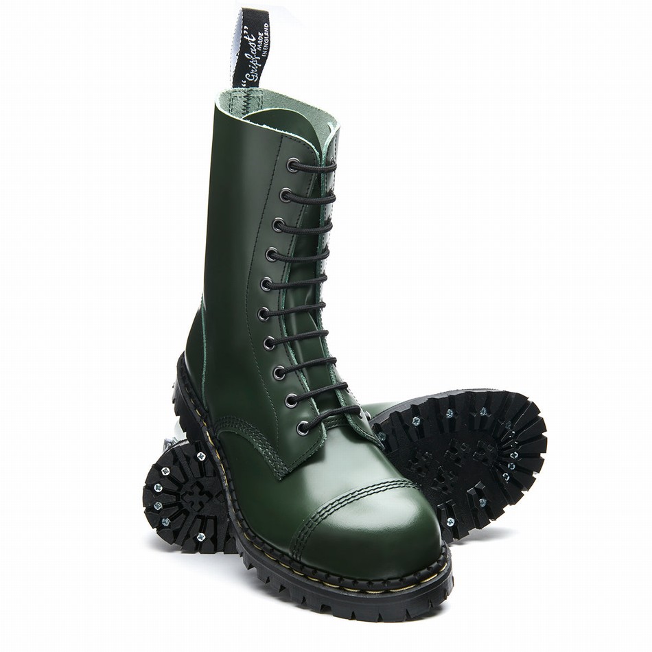 Women Solovair Hi Shine 10 Eye Steel Toe Capped Derby Boots Green | GF10-1980-GN-035
